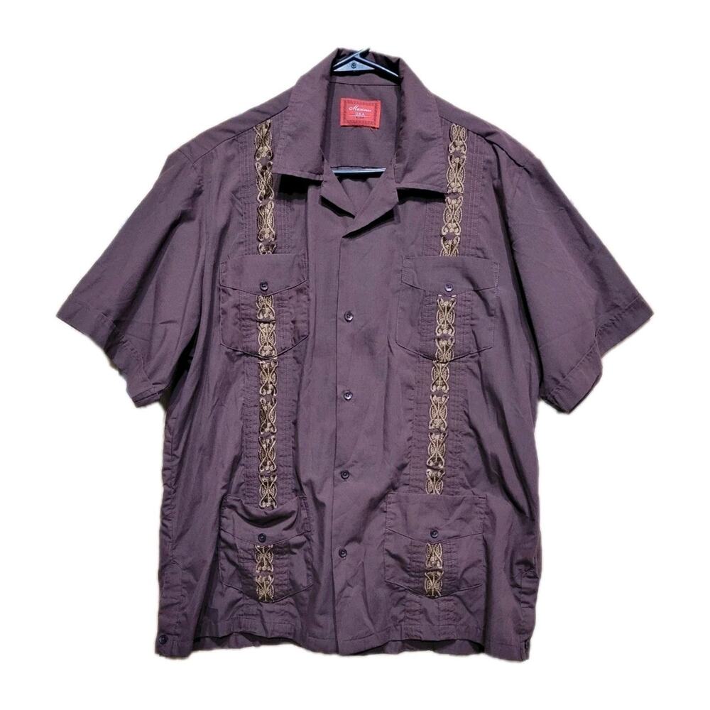 Maximos USA Short Sleeve Button Shirt Embroidered Design 4 Pockets Mens L Brown